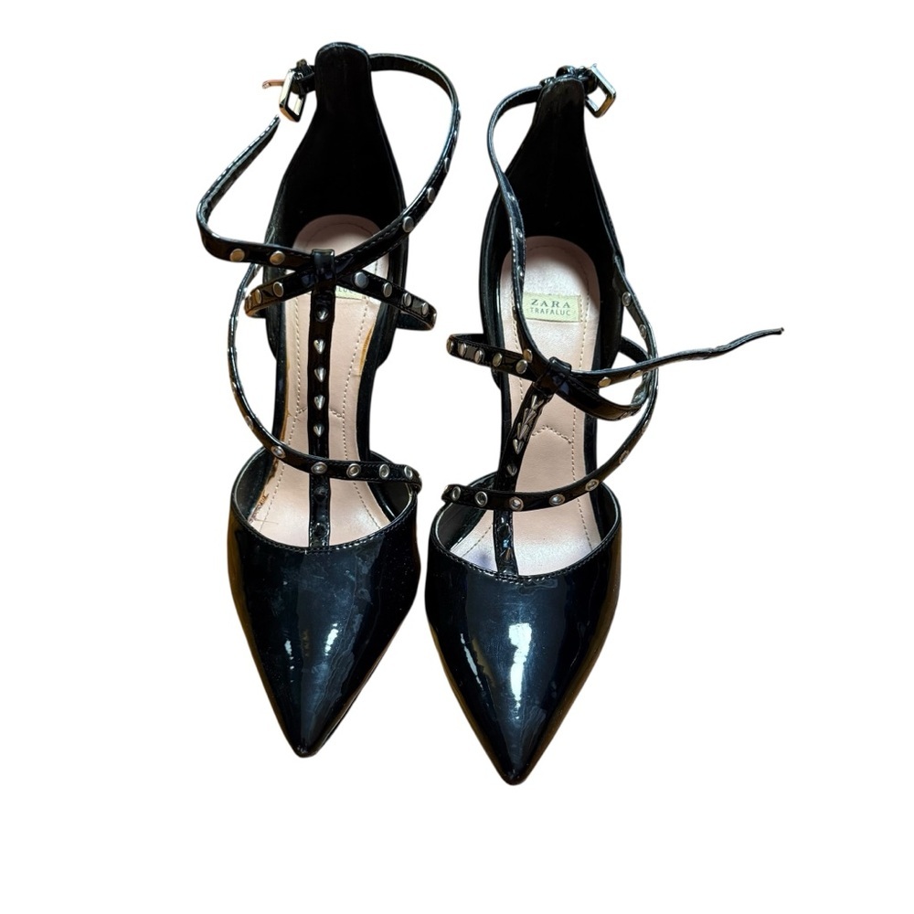 Zara Black Patent Strappy Studded Stiletto Heels Pointed Toe Pumps Size 37US 6.5
